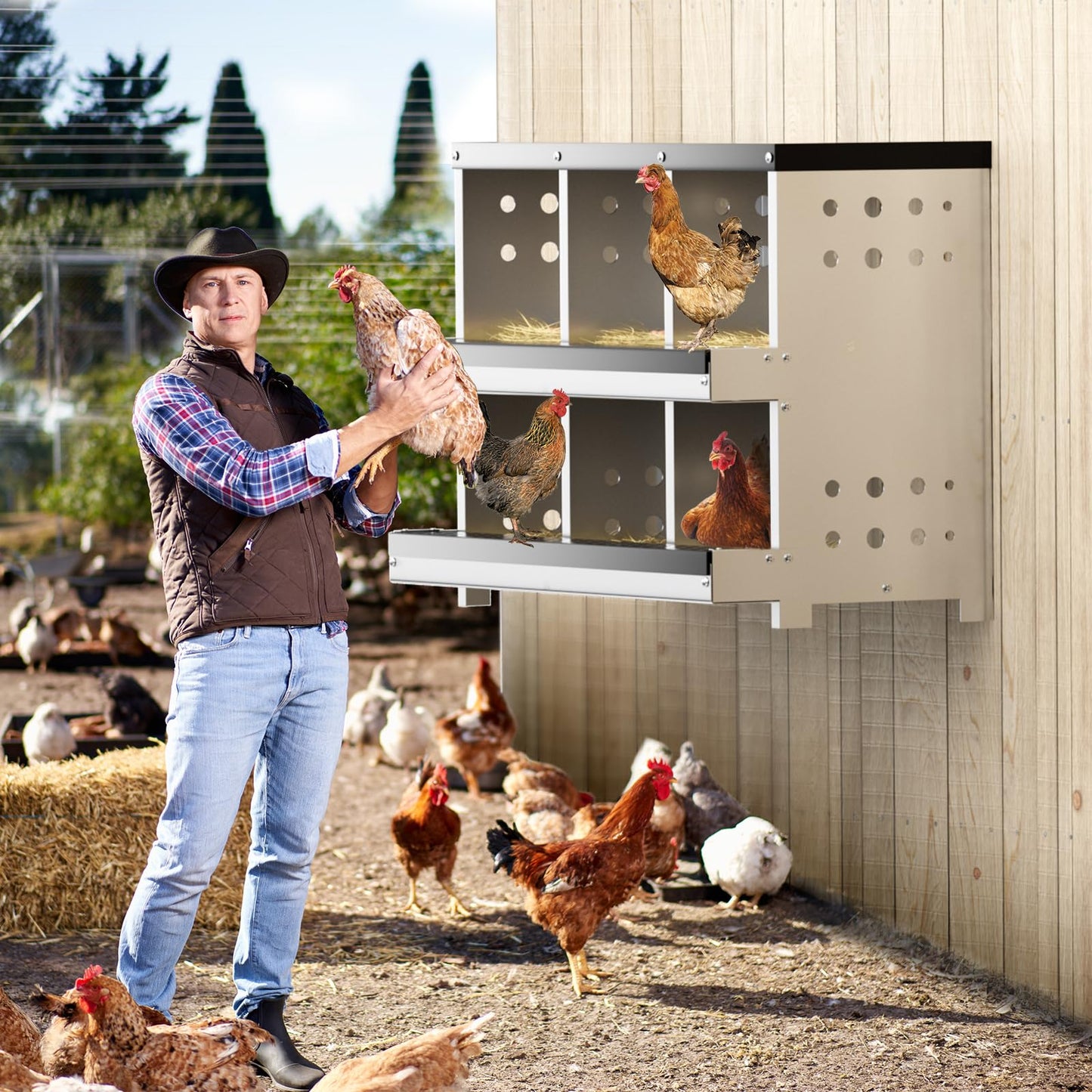 Chicken Nesting Box 6 Compartment for Chicken Coop - Heavy Duty Galvanized Steel Wall Mount with Vented Design & Removable Mats (31.9" L)