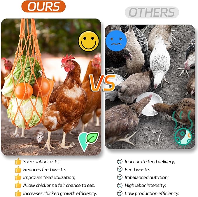 3PCS Chicken Vegetable Hanging Feeder, Chicken Vegetable and Fruit String Bag, Chicken Toys for Coop, Chicken Cabbage Feeder, Hanging Chicken Feeder with Hook for Hens Goose Duck (Orange)
