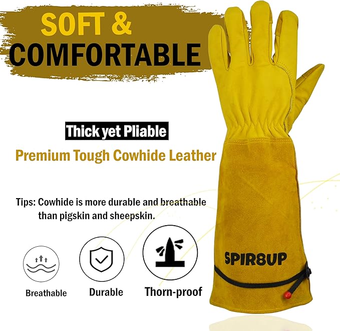 Cowhide Rose Pruning Gloves, Thorn Proof Long Gardening Gloves for Women & Men, Durable Gauntlet for Cactus Handling