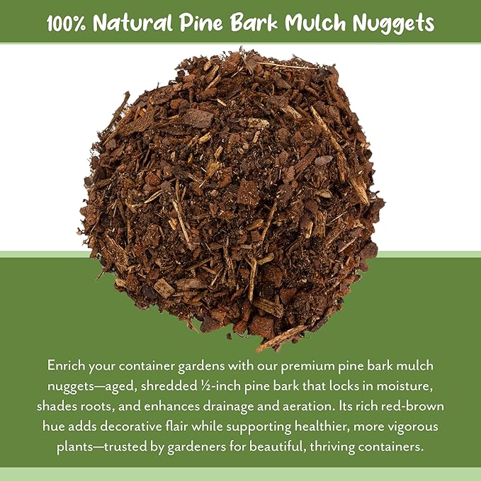 100% Natural Pine Bark Mulch Nuggets (4 Quarts), Small Mulch Chips for Indoor/Outdoor Container Gardening, Ideal for Soil Supplement, Houseplant Mulch, and Terrariums