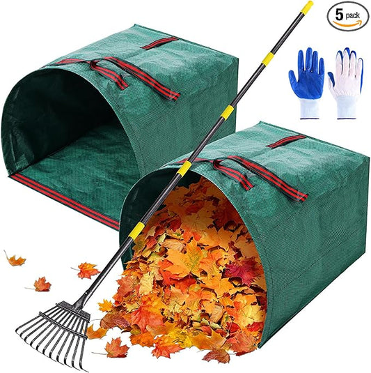 2 Pack Reusable Yard Waste Bags - 40 Gallon Dustpan Type Lawn And Leaf Bags, Heavy Duty Garden Bags With Adjustable Metal Leaf Rake,Gardening Gloves,Garden Waste Bag With Handles,Camping Recycling Bag