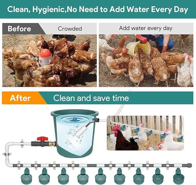 Complete Set Automatic Chicken Waterer System for Continuous Fresh Water, DIY Chicken Water Feeder with 9 Chicken Water Cups, 1/2" SCH.80 PVC Piping, Brass Pipe Fittings, Ball Valves, Poultry Waterer