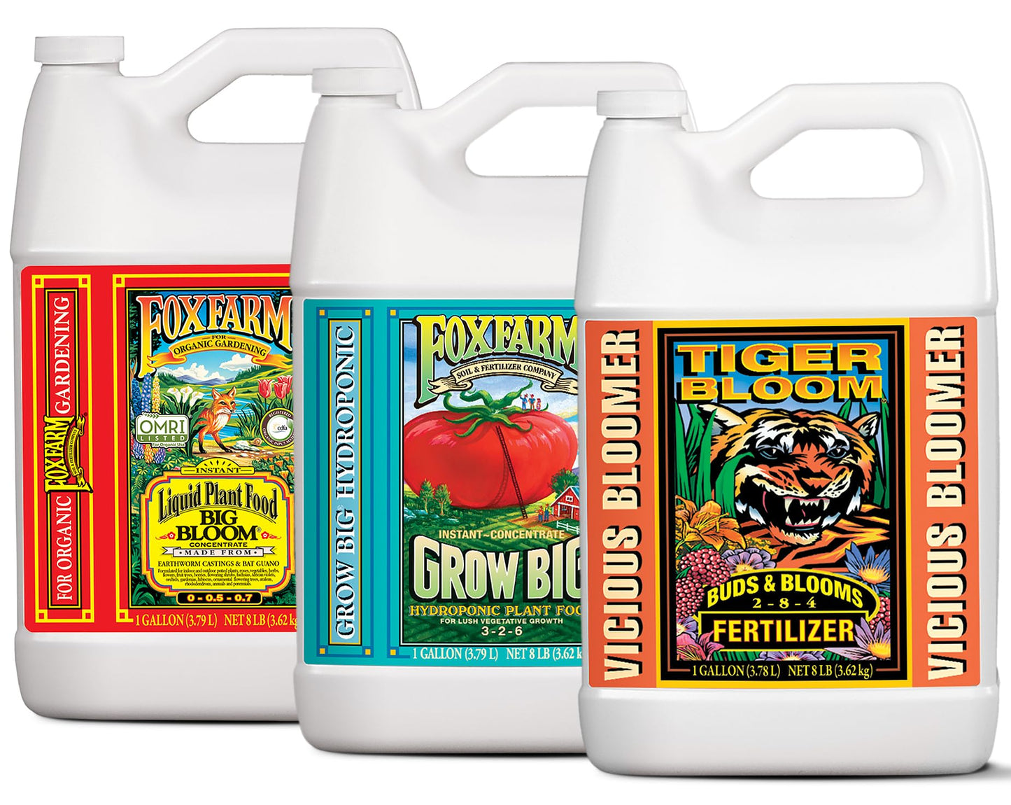 FoxFarm Liquid Nutrient Trio Hydro Formula: Big Bloom, Grow Big Hydro & Tiger Bloom - for Hydroponic Gardening, Green Growth, Buds & Late-Season Flowers, (3-1 Gallon Bottles)