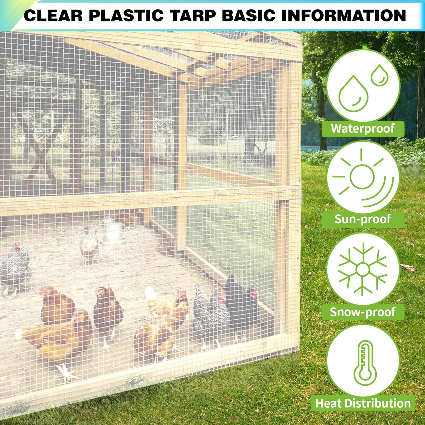 30Ft x40Ft Clear Greenhouse Plastic Covering, 16Mil Thickness Heavy Duty Clear tarp for Chicken coop, Greenhouse Plastic sheeting with Hemmed Edges & preinstalled Grommets.