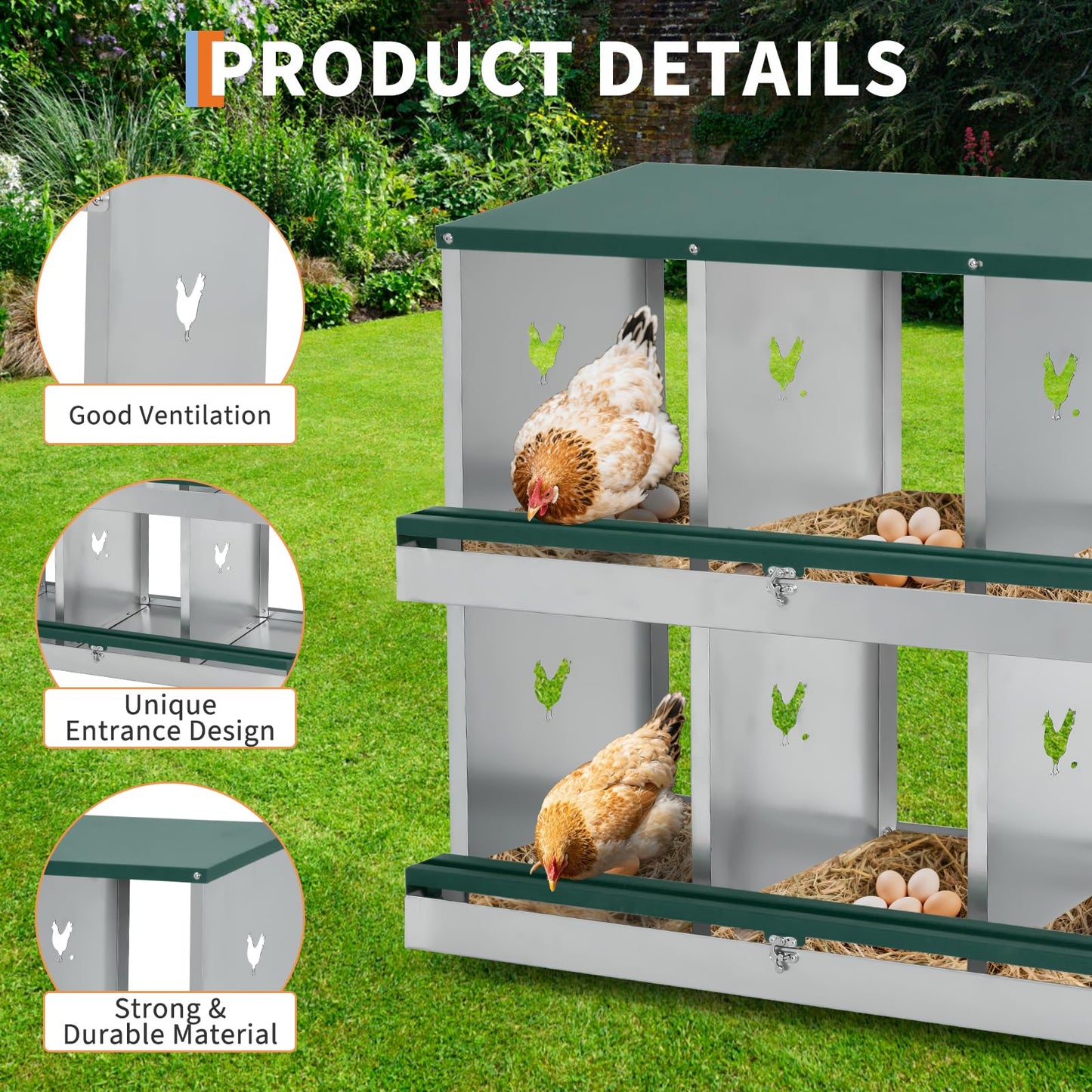 GarveeTech 6 Compartments Chicken Nesting Boxes for Laying Eggs, Egg Laying Boxes for Chickens, Poultry Nesting Boxes to Protect & Collect Eggs