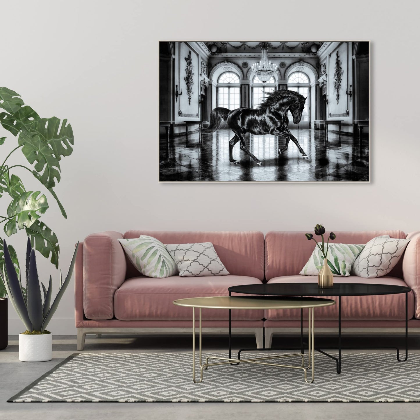 Country Farmhouse Canvas Print Painting Animal Wall Art 'Elegant Black Ballroom Horse' Champagne Framed Canvas Rustic Home Décor 54x36 in Black, Gray by Oliver Gal