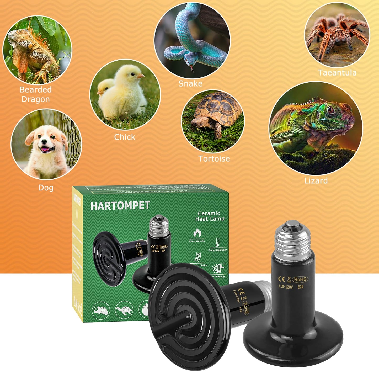 HARTOMPET 200W Ceramic Heat Emitter - Black Reptile Heat Bulb - Infrared Reptile Heat Lamp for Lizards, Amphibians, Turtles, Dogs, Cats - Ideal for Pet Heating - No Light, No Harm - ETL Listed