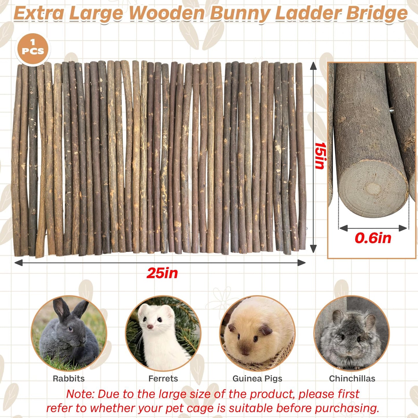 PINVNBY Extra Large Wooden Bunny Ladder Bridge (25 x 15 inches), Rabbits Hideout, House, Tunnel, Rodents Chew Toys for Guinea Pig, Chinchillas, Hedgehogs, Ferrets, Rat