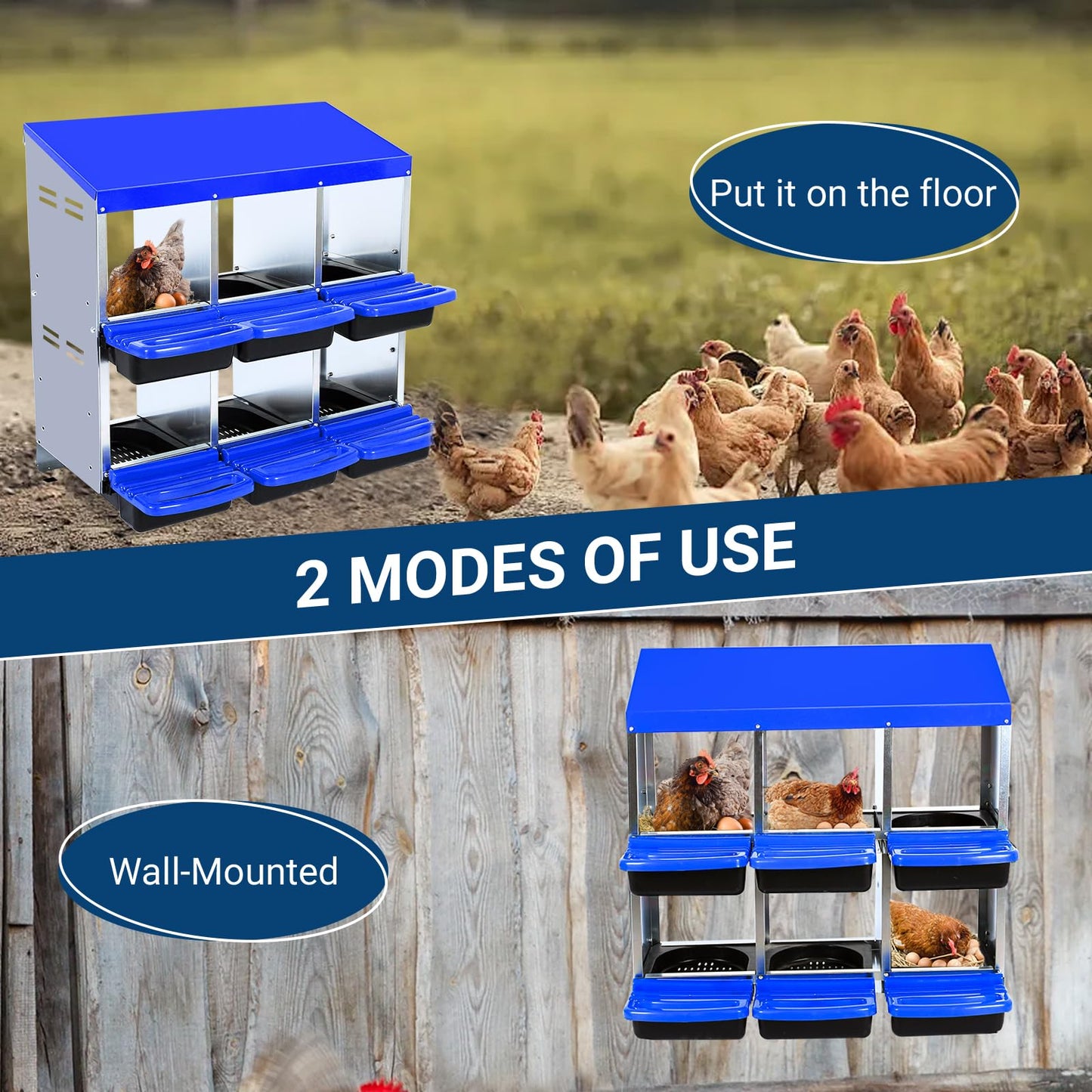 Chicken Nesting Box, 6 Compartments Nesting Boxes for Chickens, Chicken Laying Boxes, Roll Away Nesting Box for Chickens Laying Egg with Lid Cover to Protect Eggs, Blue
