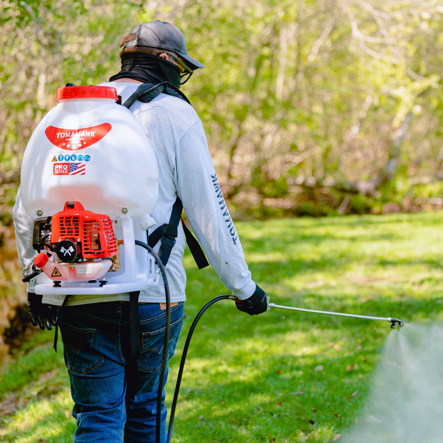 Tomahawk 5 Gallon Gas Power Backpack Sprayer 435 Pressure for Insecticide Fertilizer Bugs Weeds Mosquitoes and Ticks with Foundation Attachment