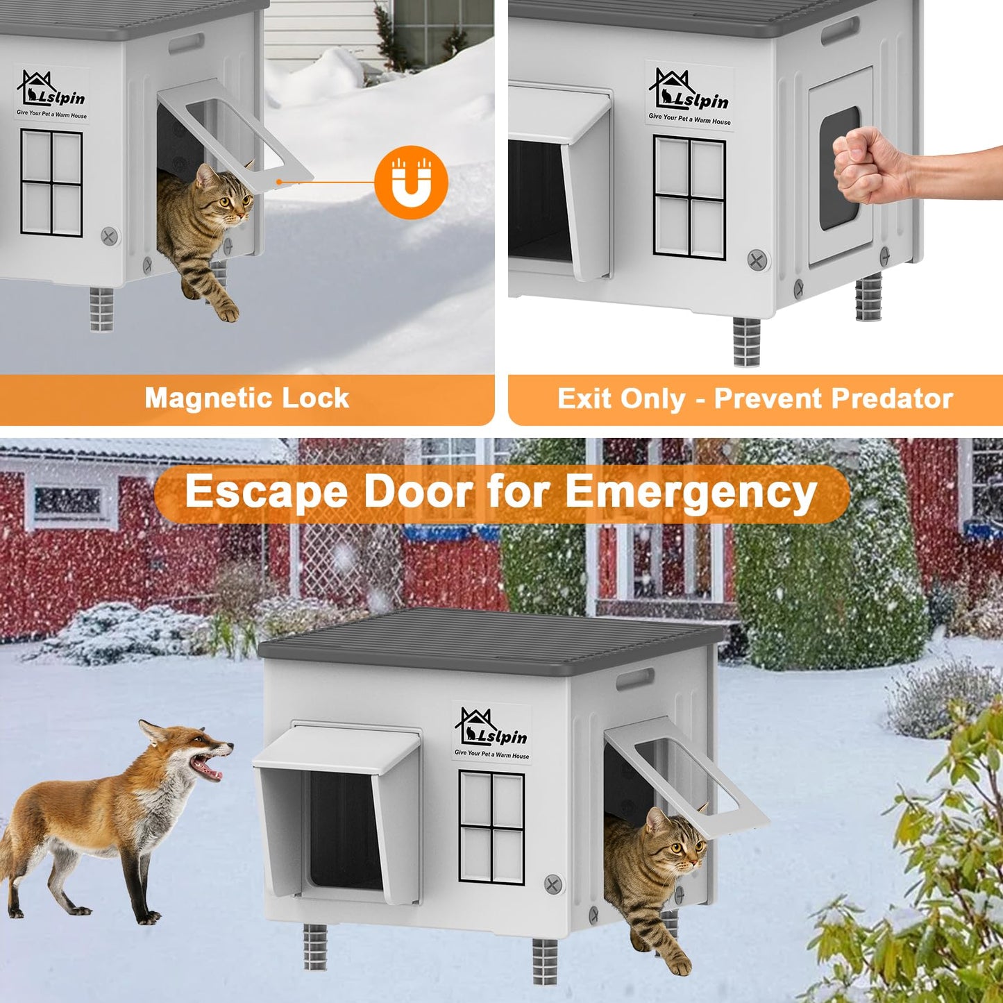 Indestructible Heated Cat House for Outside Cats Winter,Weatherproof & Insulated & Elevated Feral Cat House with Escape Door, Outdoor Indoor Cat Shelter for Stray Barn Cat 17.7×17.7×17.5