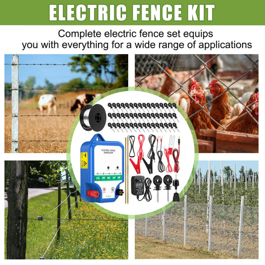 MorningRo 8-Mile Electric Fence for Preventing Animals Intruding, 12000V 2Joule Electric Fence Charger Kit for Livestock Control, 50 Insulator, Socket Tool, 250ft Aluminum Wire(Classic Ver.,Blue)