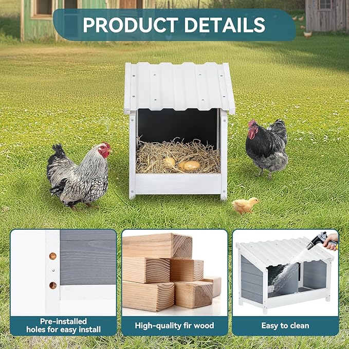 PETSFIT 1 Hole Chicken Nesting Box-All Weather PVC Roof, Natural Wood Design with Privacy Back Panel for Hens-Wall Mounted or Floor Use in Coops, Farms, Backyards,Easy to Assemble and Clean