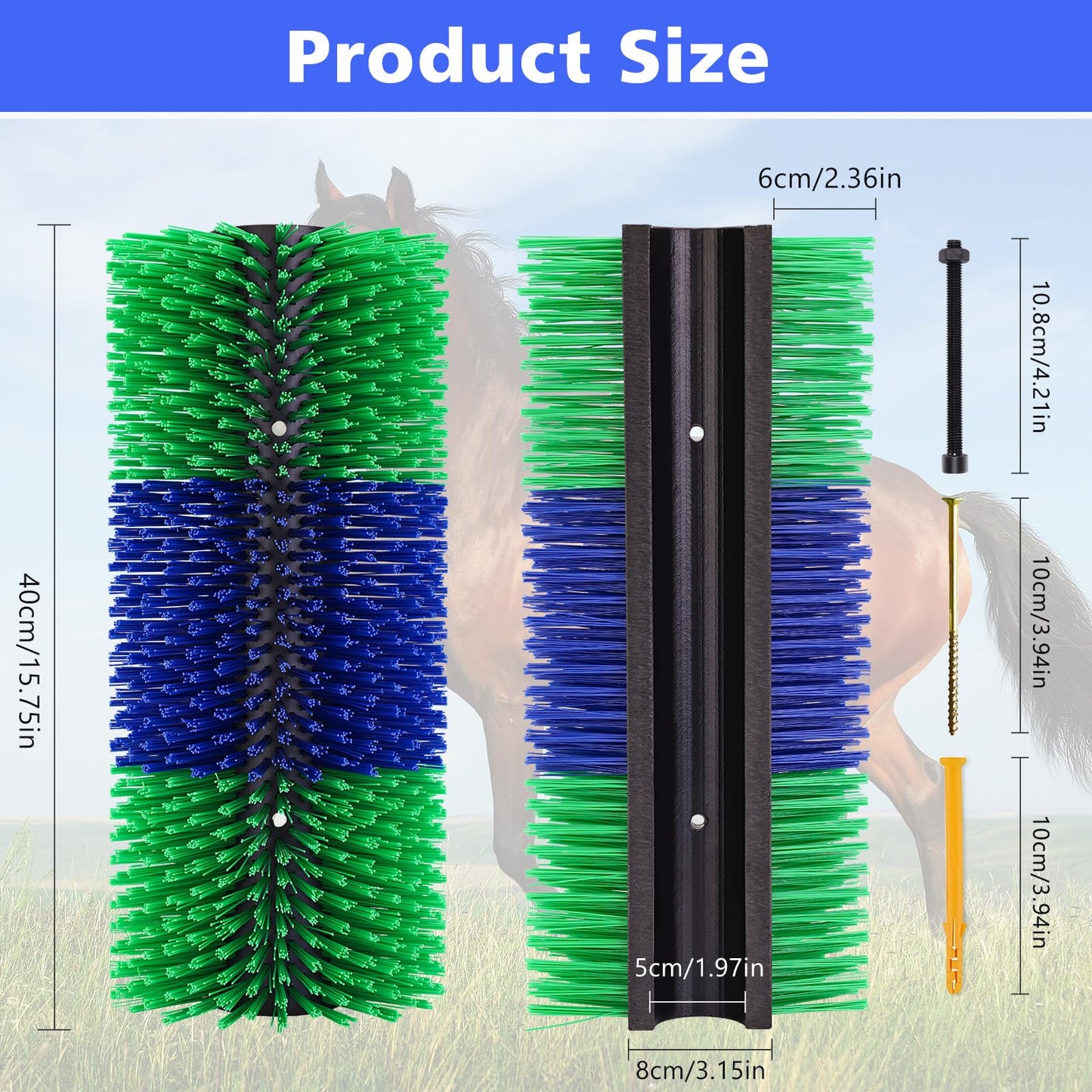 Livestock Scratching Brush,Horse Brushes for Grooming,Itch Relief Horse Scratcher Brushes Kit with Two Sets of Mounting Screws for Goat Cattle Cow Sheep Pig,1 Pack
