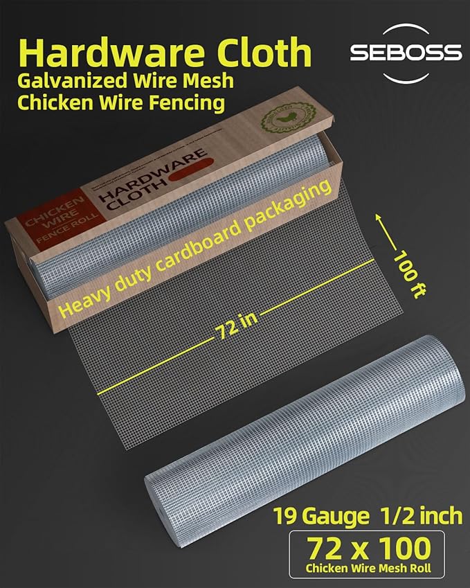 SEBOSS Hardware Cloth 1/2 inch Mesh 72 in x 100 ft 19 Gauge, Hot-dip Galvanized After Welding, Chicken Wire Fencing Garden Fencing Wire Mesh Roll Welded Wire Fence Roll
