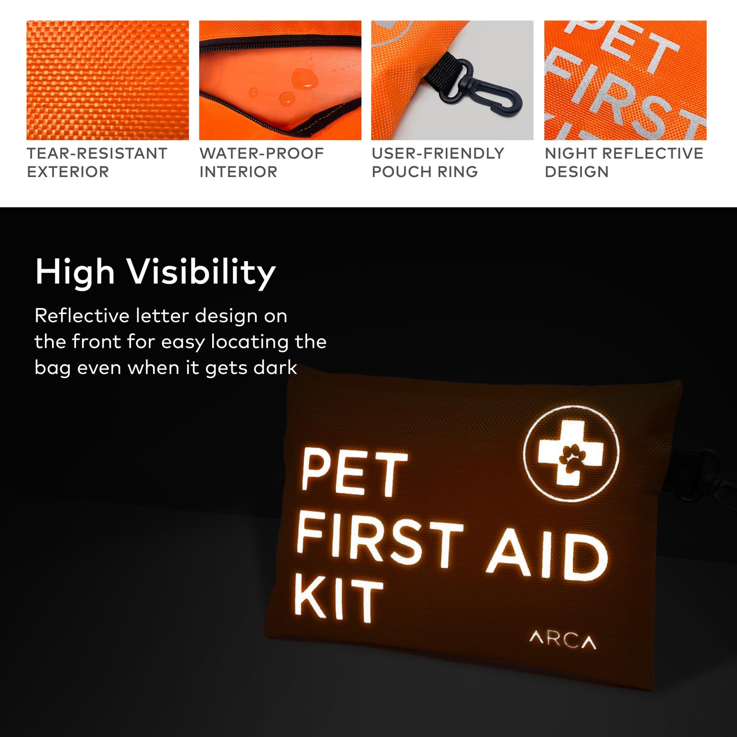 ARCA PET Dog First Aid Kit - Pet Emergency Kit - Water Resistant High Visibility Reflective First Aid Pouch Dog Camping Essentials for Hiking, Backpacking, Sports, Hunting