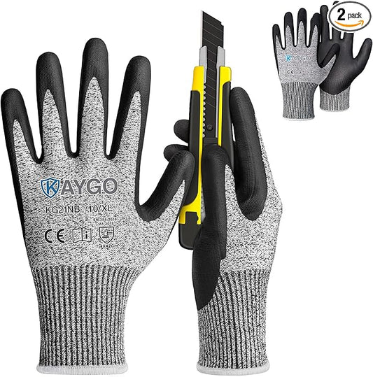 KAYGO 2 Pairs Cut Resistant Gloves for Men and Women, ANSI Cut Level A3 Nitrile Micro-Foam Safety Gloves KG21NB, Durable, Ideal for Wood Carving, Glass Handling, Construction, Fishing, XL, Grey
