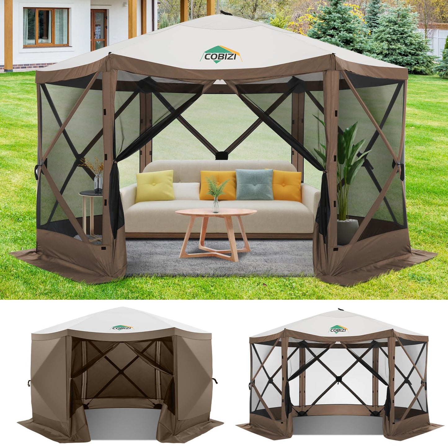 COBIZI 12x12ft Pop up Gazebo Screen Tent Screen House for Camping, Camping Outdoor Screened Gazebo with Sidewalls, Portable Hub Tent with Carrying Bag and Ground Stakes, Brown(Upgraded 2.0)