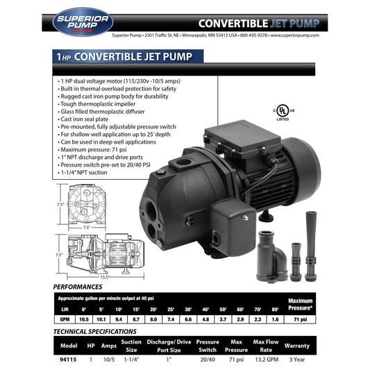 Superior Pump 94115 1 Hp Convertible Jet Pump With Eject Kit, 115/230 Volt