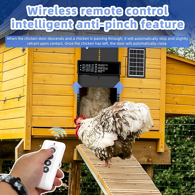 Automatic Chicken Coop Door Solar Powered Chicken Door with Timer & Light Sensor Aluminum Auto Chicken Coop Door Opener with Remote Control, Battery Operated & 4 Modes (Black Grey)