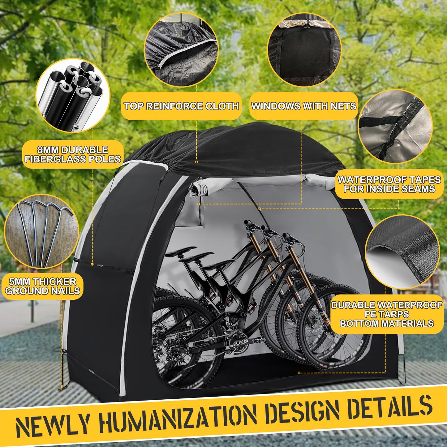 Bike Tent Outdoor Storage Shed,Waterproof 5000PU 210D Oxford Fabric,Top Reinforcement,Portable Outside Bicycle Storage Shelter Fits for 2-3 Bikes,Motorcycle,Mower,Garden Tools,79"x32"x67"