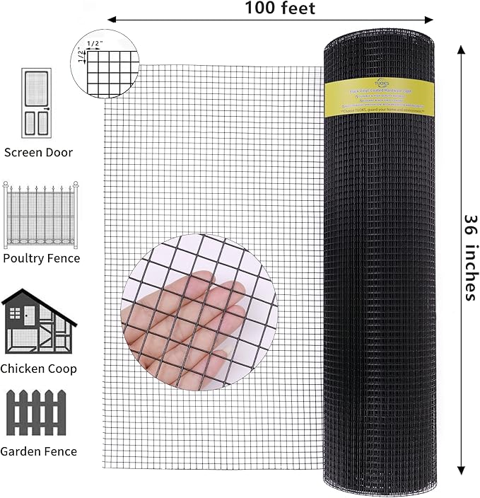 Black Hardware Cloth 1/2inch 36'' x 100ft 19 Gauge PVC Coated Wire Mesh Roll Welded Wire Fence Roll Poultry Netting Snake Fence Rabbit Cages Rodent Wire Chicken Wire Fencing Gopher Wire Cloth