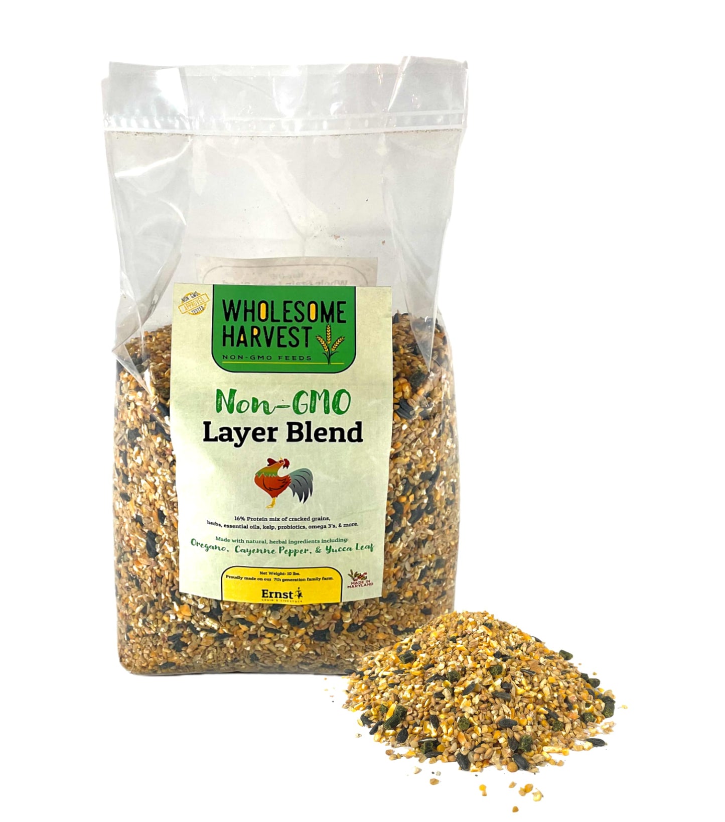 Wholesome Harvest Non-GMO Whole Grain Layer Blend 16% - Chicken Feed for Laying Hens and Ducks - Includes Essential Oils, Herbs, Oyster Shells, Vital Minerals, and Omega 3, 10lb
