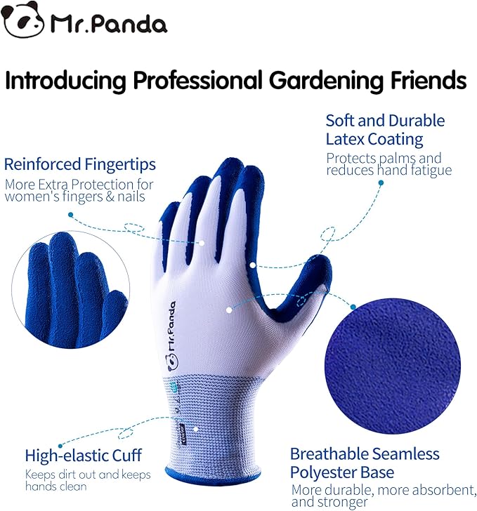 Mr.Panda 2 Pairs Skin-Friendly Gardening Gloves for Women, Latex Coated Garden Gloves, Ladies Outdoor Yard Work Gloves, Breathable, Blue & Red, Large