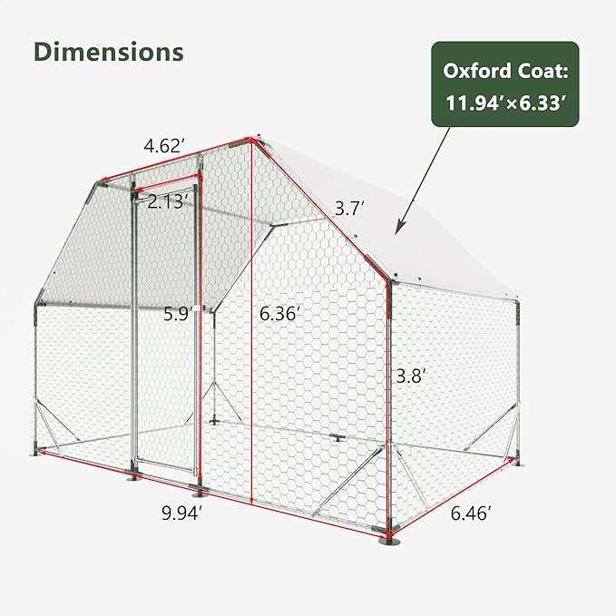 Large Metal Chicken Coop, 9.94x6.46x6.36 ft Walk-in Chicken Runs for Yard with Waterproof Cover, Flat Shaped Chicken House with Door for Outdoor and Backyard, Farm, Duck Rabbit Cage