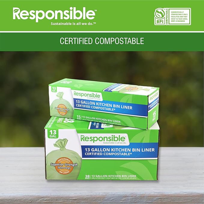 Kitchen Bin Liners, Certified Compostable, Heavy Duty Multipurpose Food Scrap Bags, Made from Compostable Materials (13 Gallon, 13 Gallon (15 Count))