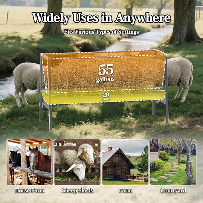 5 Ft Pasture Feeder, 75 Gallon Capacity Livestock Feeder with Deeper Feeding Pan, All Steel Frame, Easy to Assemble and Carry, Feeding Goats, Sheep and Miniature Horses, for Farms, Sheep Sheds