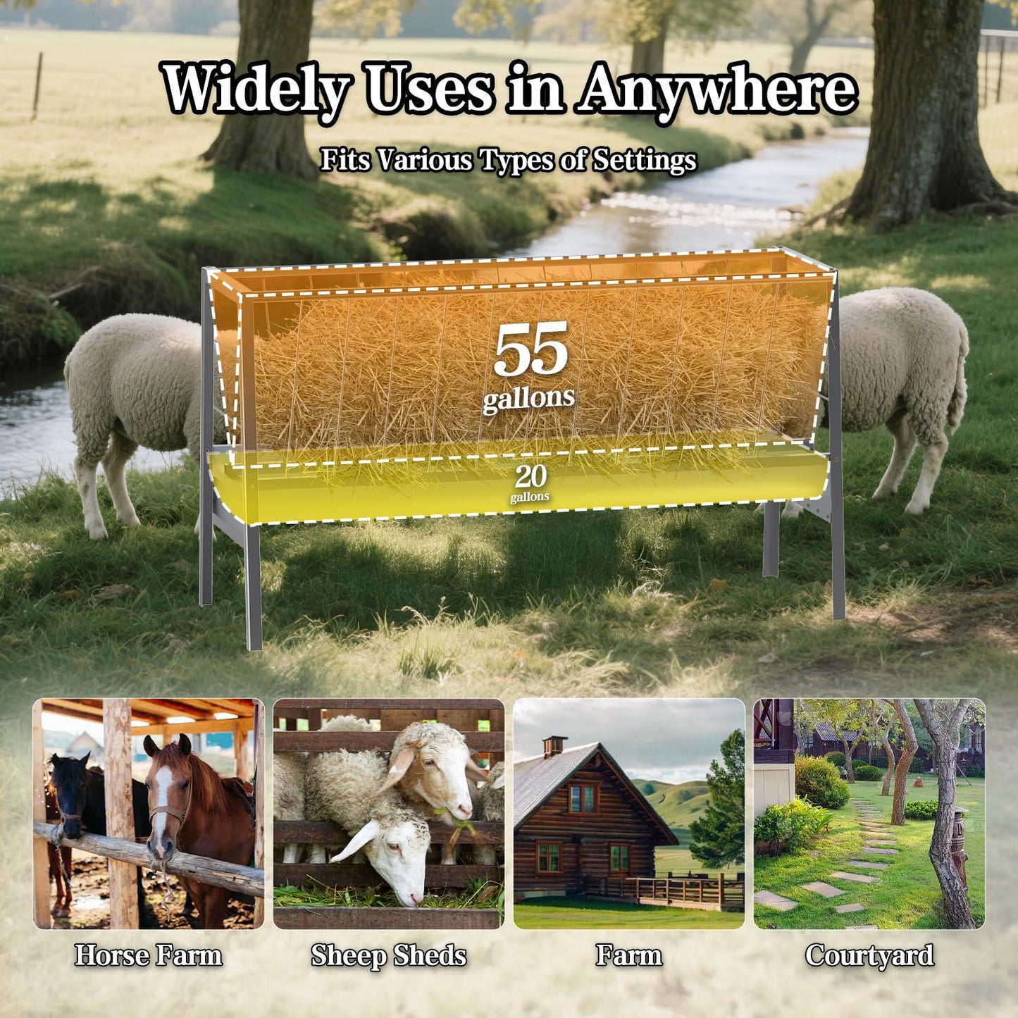 BUYYAH 5 Ft Pasture Feeder, 75 Gallon Capacity Livestock Feeder with Deeper Feeding Pan, All Steel Frame, Easy to Assemble and Carry, Feeding Goats, Sheep and Miniature Horses, for Farms, Sheep Sheds