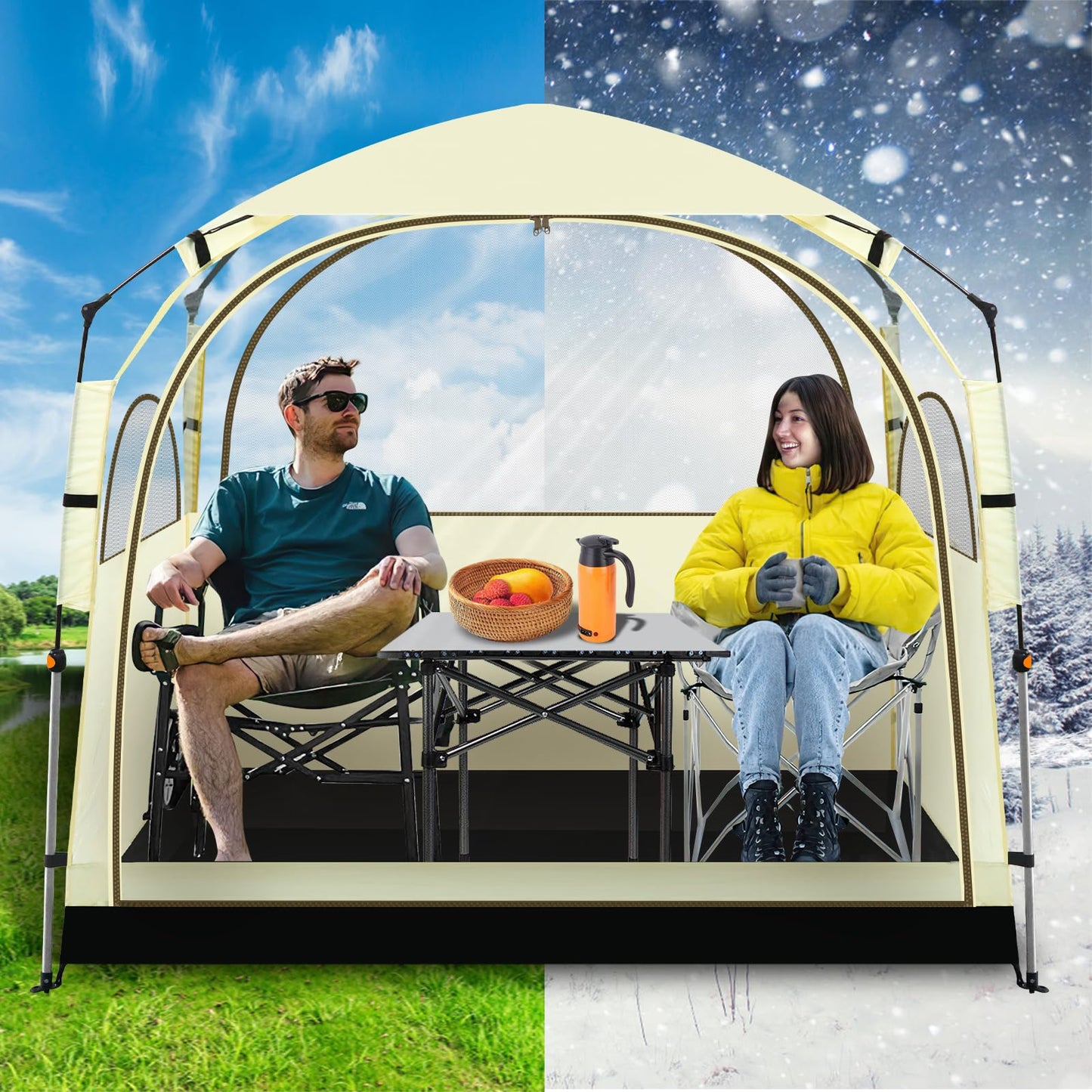 Eapele All Weather Shelter - Sports Tent with Sealed Floor for 3-4 People - Windproof with Stakes - 540° View and Mesh Windows