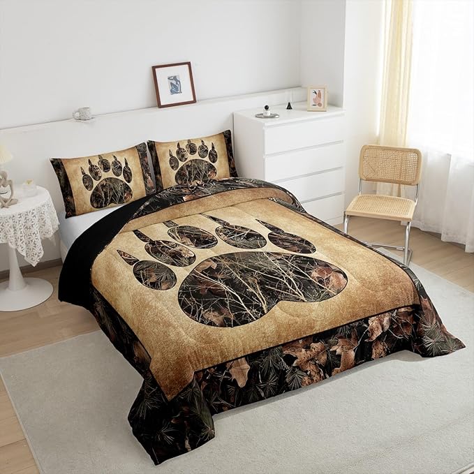 Erosebridal Rustic Farmhouse Bedding Sets Queen Camo Bear Paw Comforter Set Woodland Hunting Camouflage Animal Bedding Comforter Sets for Kids Boys Adults Men,Retro Cabin Wildlife Quilt Set