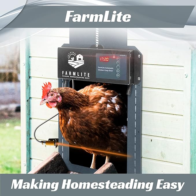 FarmLite Automatic Chicken Coop Door Opener | Non-Battery Powered Automatic Chicken Door | Automatic Coop Door with Timer, Light Sensor and Remote Controls | USA Brand