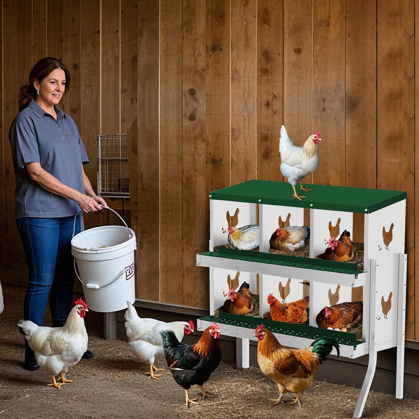 GarveeLife Nesting Boxes for Chickens, 6 Compartment Chicken Nesting Box with Metal Legs, Metal Chicken Laying Boxes with Perch, Secure Lid, Versatile Wall Mount or Free Standing for Hens, Green