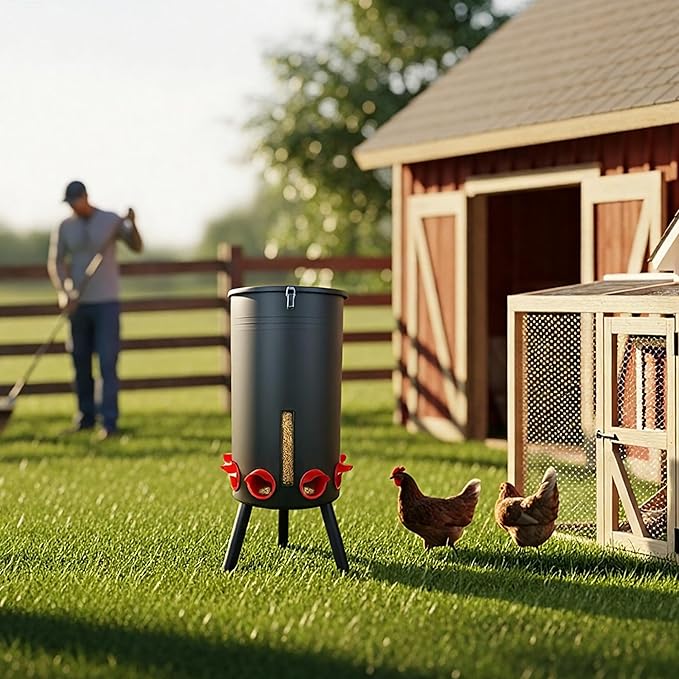 KOL 75 LB Large Free Standing Chicken Feeder, Portable Gravity Chicken Feeder Automatic, Dispenser, 8 Feeding Ports Poultry Feeder for Chicken Rooster & Hen (Black)