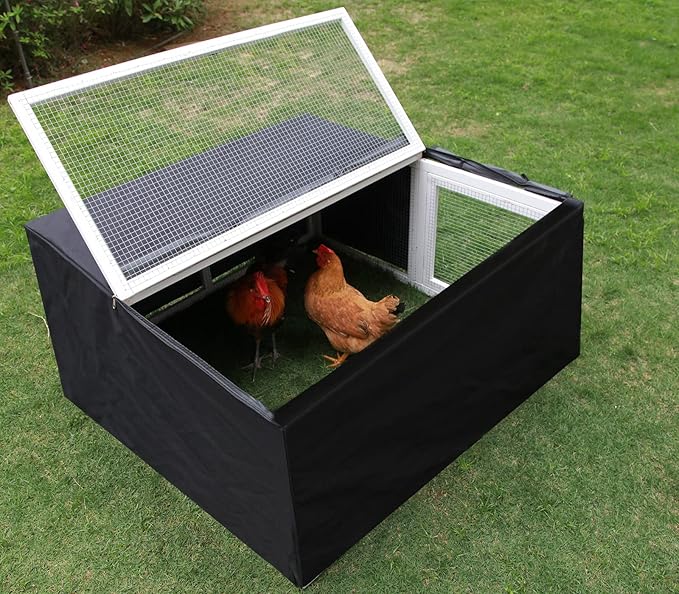 Assembly Free Chicken Coop, Foldable Chicken Run Cage Wooden, Extension Chicken Run Large Chicken Pen Rabbit Enclosure Duck House (White+Black Cover)