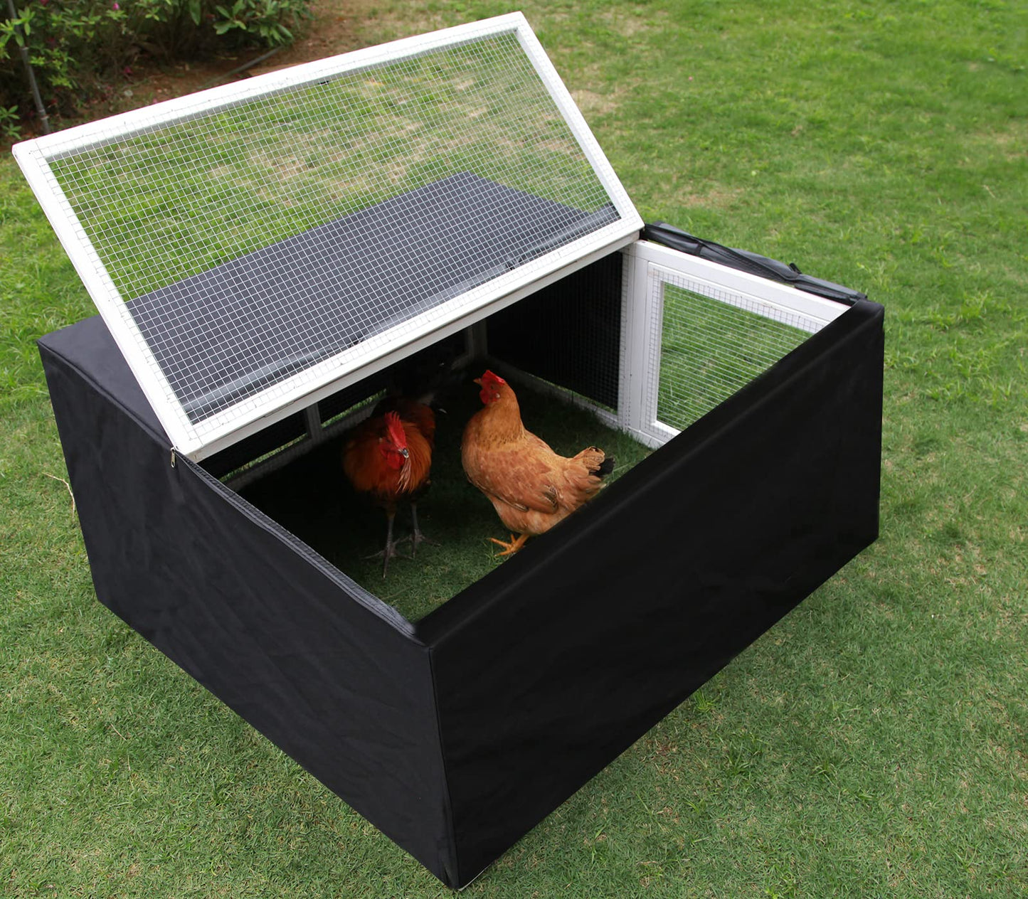 Assembly Free Chicken Coop, Foldable Chicken Run Cage Wooden, Extension Chicken Run Large Chicken Pen Rabbit Enclosure Duck House (White+Black Cover)