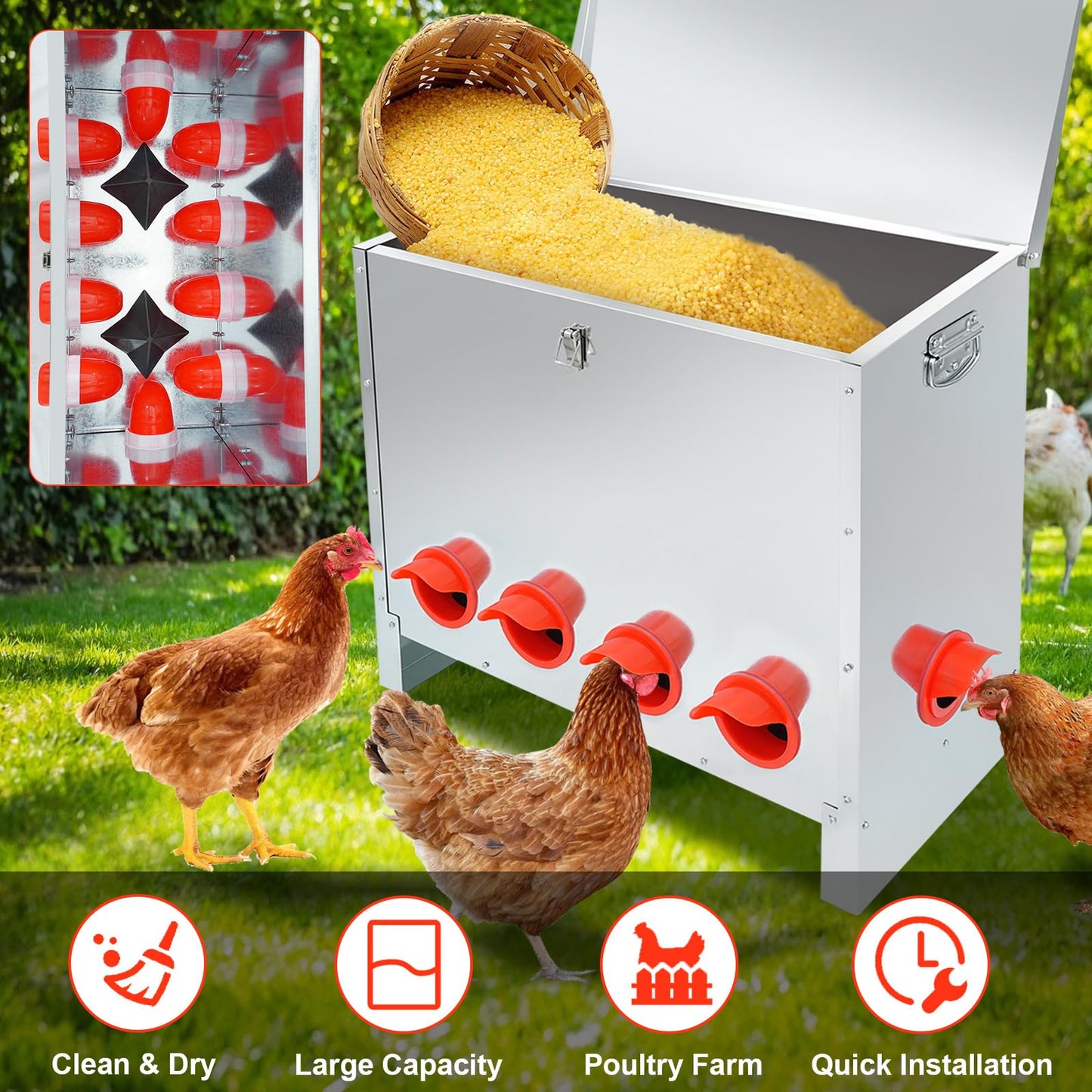 RYFT 85lbs Automatic Chicken Feeder Large Capacity, 10-Port Galvanized Metal Poultry Feeder for Chickens, Geese, Ducks, Turkeys, Quails