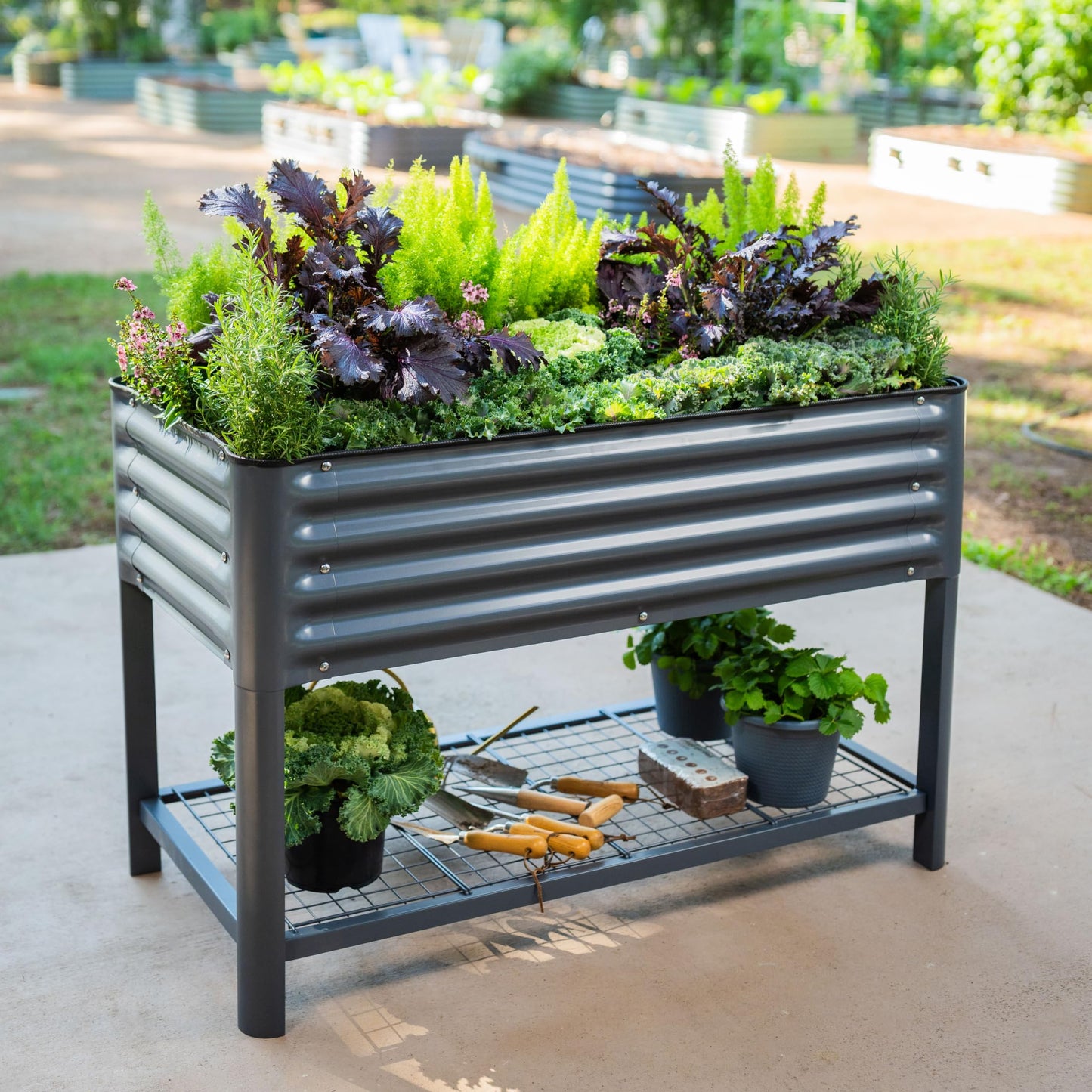 32" Elevated Raised Garden Bed & 2-Tiered Plant Stand Indoor with Grow Lights