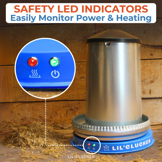 Lil'Clucker Heated Base for Chicken Waterer – Automatic Metal Freeze Proof Heated Chicken Waterer with Heater & LED – Poultry Heated Waterer for Winter (Blue, 15 Inch)
