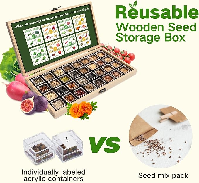 Lush&Dew Raised Garden Beds Heirloom Seed Bank, 32 Varieties 30,000+ Non-GMO Fall Garden Seeds of Vegetables Herbs Fruits, Gardening Gifts for Women Men, Emergency Supplies Survival Seed Kit