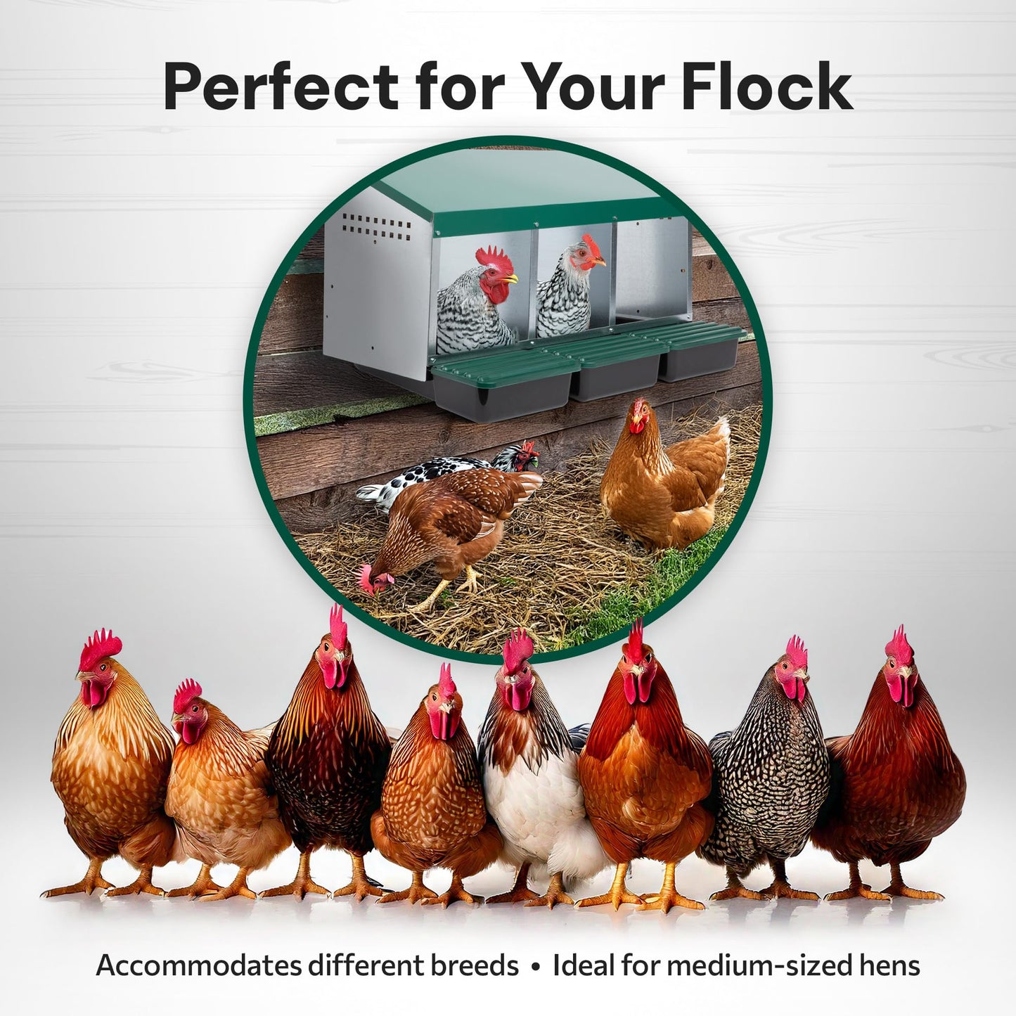 Homestead Essentials Compact Style 3 Compartment, Forward Rollout & Rollaway, Hen & Chicken Nesting Box with Protective Egg Laying Collection Lids