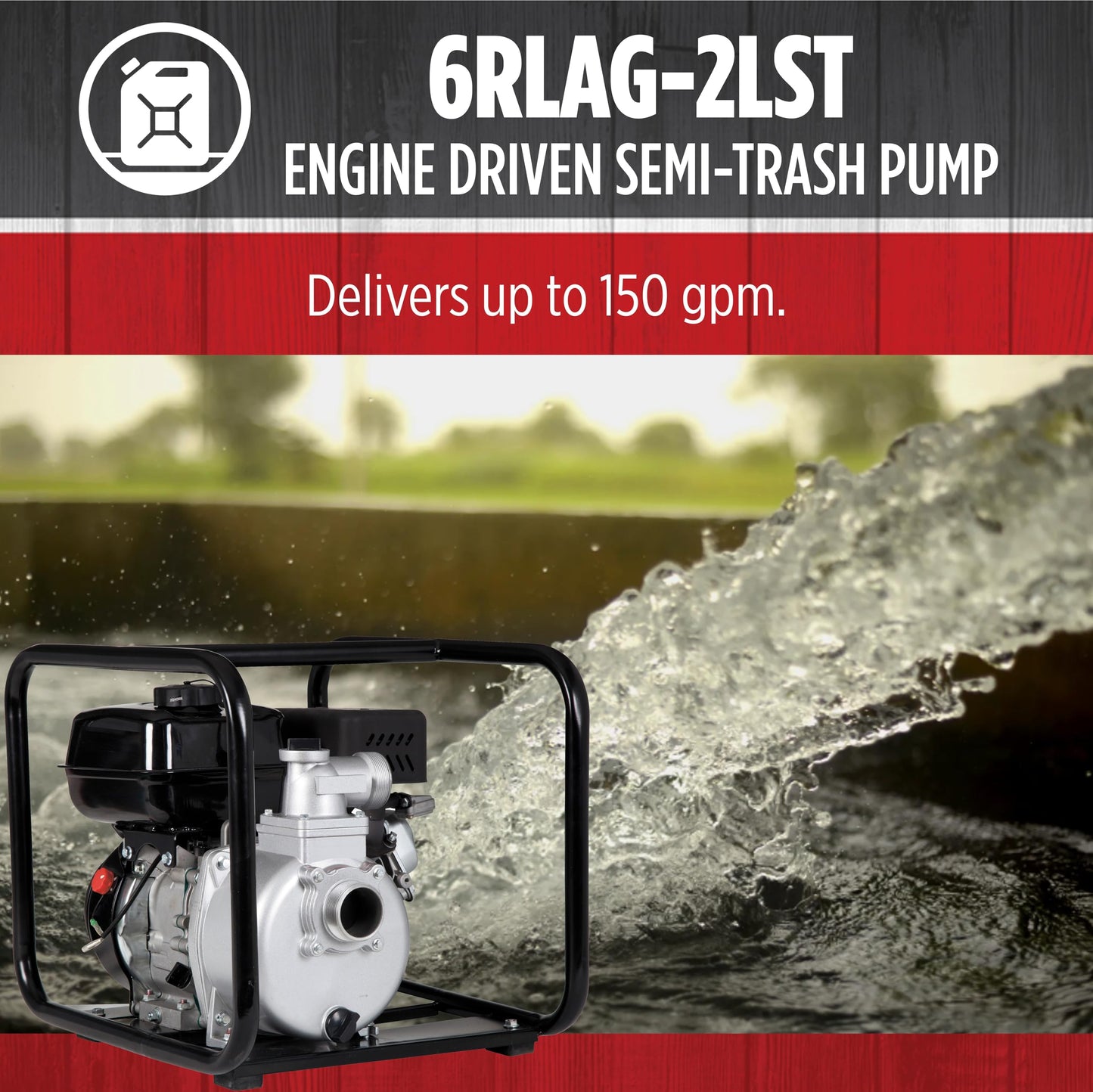 Red Lion 6RLAG-2LST 208cc, 150 GPM OHV Engine Driven Aluminum Semi-Trash Pump, 2-inch MNPT suction and discharge, Black, 617034