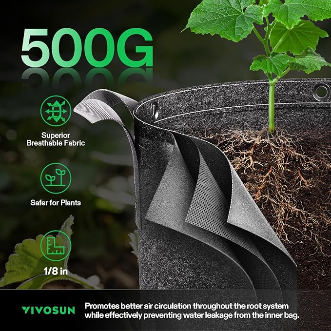 VIVOSUN 5-Pack 7 Gallon Grow Bags, 500G Thick Nonwoven Fabric Pots with Strap Handles, Multi-Purpose Rings, for Low Stress Plant Training Fruits, Vegetables, and Flowers