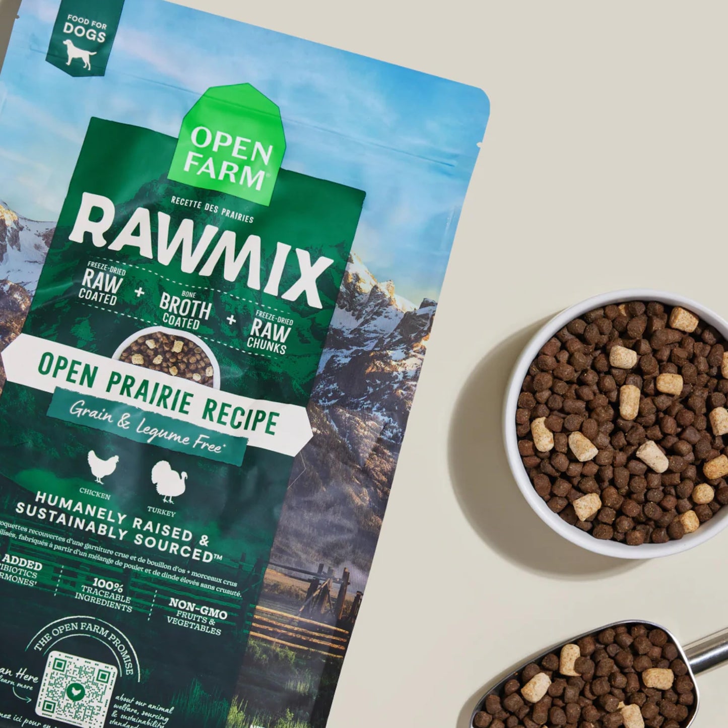 Open Farm, RawMix Grain-Free Dry Dog Food, Protein-Packed Kibble Coated in Bone Broth with Freeze Dried Raw Chunks, Chicken & Turkey, Open Prairie Recipe, 20lb Bag