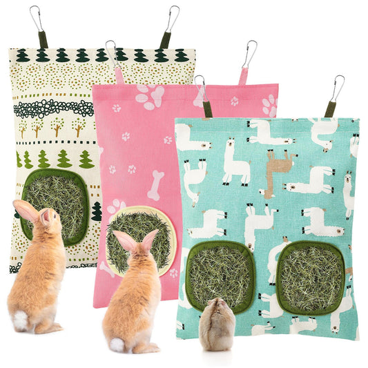 UPINS 3Pcs Hay Bag for Rabbits - 2-Hole Guinea Pig Hanging Hay Feeder for Rabbits, Chinchillas, Hamsters & Small Pets