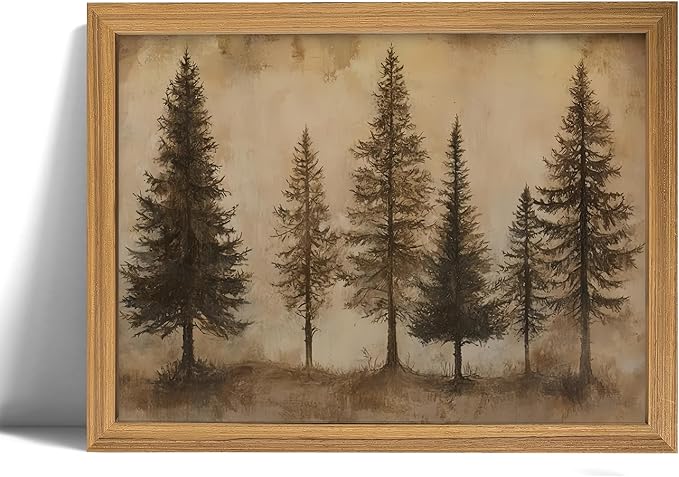 Vintage Pine Trees wall art,Retro Farmhouse Wall Decor Art Pictures,Country Nature-InspiredLandscape Canvas Posters Prints for Living Room, Bedroom,Cabin,Wood Frame 12x16in