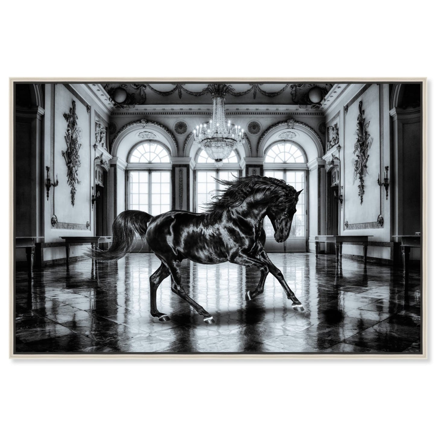 Country Farmhouse Canvas Print Painting Animal Wall Art 'Elegant Black Ballroom Horse' Champagne Framed Canvas Rustic Home Décor 54x36 in Black, Gray by Oliver Gal